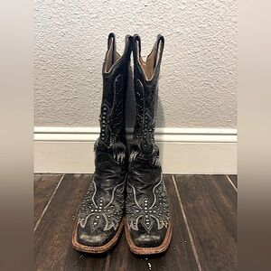 Corral Black Leather Western Boots with Teal Embroidery and Studs